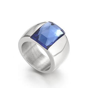 304 Stainless Steel & Glass Finger Rings, Square, Stainless Steel Color, Royal Blue, US Size 10(19.8mm)