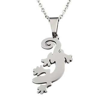 201 Stainless Steel Pendants Necklaces, with Cable Chains and Lobster Claw Clasps, Gecko, Stainless Steel Color, 17.71 inch(45cm), 1.5mm