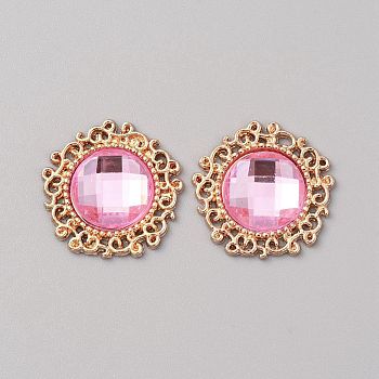 Glass Cabochons, with Light Gold Tone Alloy Finding, Flower, Hot Pink, 24~24.5x5~7mm