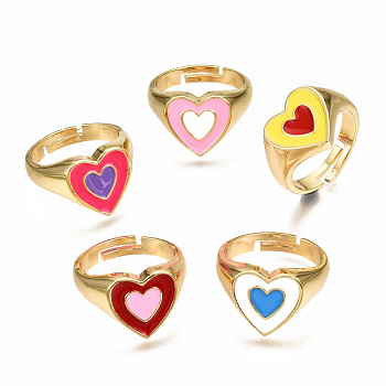 Adjustable Brass Enamel Finger Rings, Nickel Free, Heart, Real 16K Gold Plated, Mixed Color, US Size 7 1/2(17.7mm)