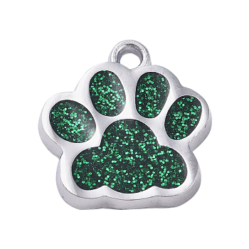 Alloy Enamel Charms, with Glitter Powder, Dog Paw Prints, Platinum, Dark Green, 17.7x16.6x2mm, Hole: 2mm