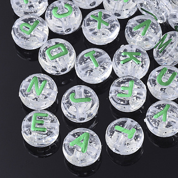 Plating Transparent Acrylic Beads, with Glitter Powder, Metal Enlaced, Horizontal Hole, Flat Round with Letter, Lime Green, 10x6mm, Hole: 1.8mm, about 1580pcs/500g