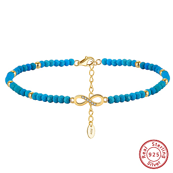 925 Sterling Silver Anklets, Synthetic Turquoise Beads Anklet, Infinite Symbol, Real 14K Gold Plated, 8-5/8 inch(22cm)