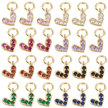 24Pcs 8 Colors Brass Micro Pave Cubic Zirconia Charms, with Jump Ring, Long-Lasting Plated, Real 18K Gold Plated, Heart Charm, Mixed Color, 6x8x2mm, Hole: 3mm, 3pcs/color
