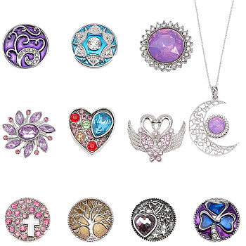 10Pcs 10 Style Alloy Rhinestone Snap Button, with Enamel, Jewelry Buttons, Flower & Swan & Half Round, Mixed Color, 19~21.5x19~24x6.5~10mm, 1pc/style