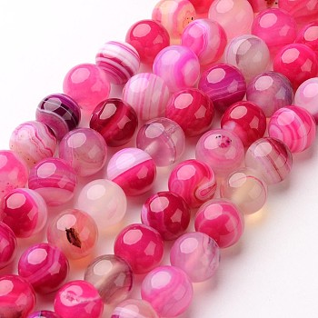 Natural Striped Agate/Banded Agate Beads Strands, Round, Dyed & Heated, Deep Pink, 10mm, Hole: 1mm, about 38pcs/strand, 15 inch