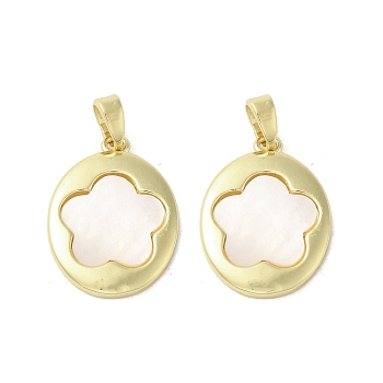 Brass Pave Shell Pendants, Oval with Flower Charms, Real 18K Gold Plated, 20.5x15x2mm, Hole: 3x4mm