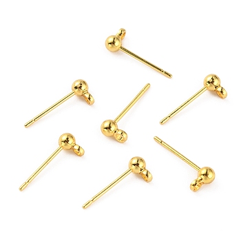 Brass Ball Stud Earring Post, with Horizontal Loops, Nickle Free, Real 18K Gold Plated, 5x3mm, Hole: 1.2mm, Pin: 0.8mm