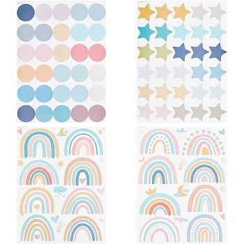 4 Sheet 4 Styles Waterproof Vinyl Wall Stickers, Self-Adhesive Decals, for DIY Bedroom, Indoor Decorations, Rectangle with Rainbow & Round & Star Pattern, Mixed Color, Mixed Patterns, 300x220x0.15mm, Stickers: 40~69x40~108mm, 1 sheet/style