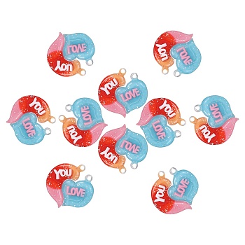 10 Sets Gradient Color Opaque Resin Pendants, with Glitter Powder, Couple Heart Charm with Word LOVE YOU, Orange Red, 39x38.5x5.5mm, Hole: 3.5mm, 2pcs/set