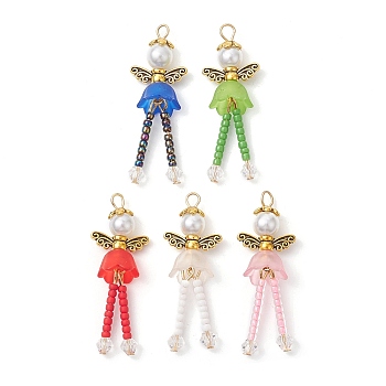 Glass Seed & Acrylic Pearl Beaded Pendants, with Alloy Fairy Wing & 304 Stainless Steel Findings, Angel Charms, Antique Golden, 39x14x9mm, Hole: 2mm