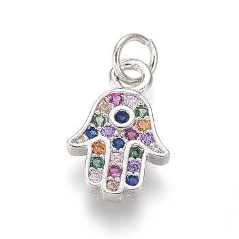Brass Micro Pave Cubic Zirconia Charms, with Jump Rings, Hamsa Hand/Hand of Fatima /Hand of Miriam, Colorful, Platinum, 11.5x7.5x1.5mm, Hole: 2.5mm