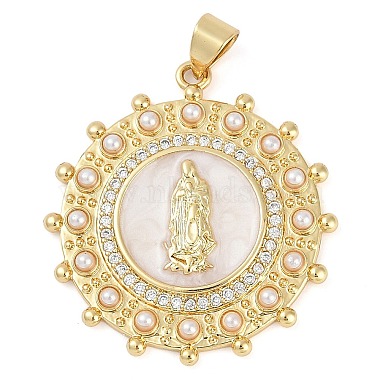 Real 18K Gold Plated Clear Flat Round Brass+Cubic Zirconia+Enamel Pendants