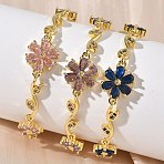 Brass Micro Pave Cubic Zirconia Flower & Leaf Link Chain Bracelets for Women, Rack Plating, Long-Lasting Plated, Cadmium Free & Lead Free, Real 18K Gold Plated, Mixed Color, 5-5/8 inch(14.2cm)(BJEW-G764-03G)
