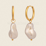 Nuggets Stainless Steel Hoop Earrings, with Baroque Pearl, Golden, 35.4x11.3mm(FW8144)