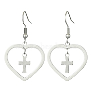 201 Stainless Steel Heart & 304 Stainless Steel Cross Dangle Earrings, Stainless Steel Color, 40x24mm(EJEW-JE05562)