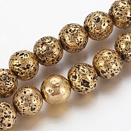 Electroplated Natural Lava Rock Beads Strands, Long-Lasting Plated, Round, Antique Bronze Plated, 10.5~11mm, Hole: 1.2mm, about 38pcs/strand, 15.23 inch(38.7cm)(G-P400-04AB)