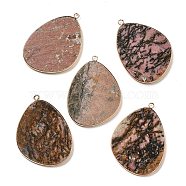 Natural Rhodonite Pendants, Rack Plating Brass Egg Charms, Golden, 41.5~43x30.5~31x2.4mm, Hole: 1.3~2mm(G-K347-02G-04)