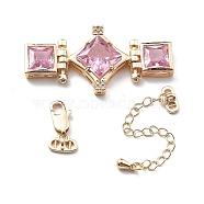 Brass & Cubic Zirconia & Glass Watch Band Clasps, with Chain Extender and Lobster Claw Clasps, Rhombus with Square, Pearl Pink, 21.5x43.5x6.5mm, Hole: 1.3mm(KK-G523-03G-02)