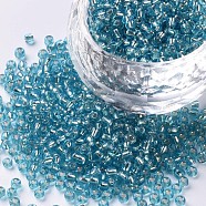 12/0 Glass Seed Beads, Silver Lined Round Hole, Round, Pale Turquoise, 2mm, Hole: 1mm, about 30000 beads/pound(SEED-A005-2mm-23)