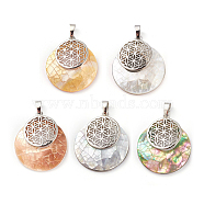 Natural Mixed Shell Pendants, with Platinum Tone Brass Findings, Flat Round with Flower of Life/Sacred Geometry, 32~32.5x28x7~7.5mm, Hole: 5x8mm(KK-F751-M-B)