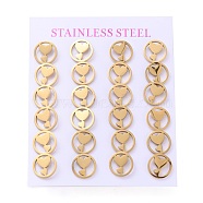 304 Stainless Steel Stud Earrings, Hypoallergenic Earrings, with Ear Nuts, Flat Round with Heart, Golden, 10mm, Pin: 1mm, 12pairs/board(EJEW-L227-082G)