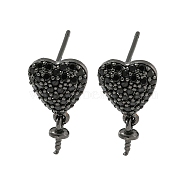 Rack Plating Brass Micro Pave Black Cubic Zirconia Stud Earring Finding, Cadmium Free & Lead Free, Long-Lasting Plated, Heart, Black, 10x9mm, Pin: 11x1mm(EJEW-C102-05EB-01A)