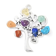 7 Chakra Mixed Gemstone Chip Pendants, Tibetan Style Zinc Alloy Tree of Life Charms, Antique Silver, Mixed Dyed and Undyed, Tree, 41x37x6mm, Hole: 3mm(PALLOY-JF02406-02)