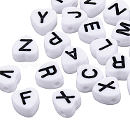 White Opaque Acrylic Enamel Beads, Heart with Mixed Black Letters, 7x7x4mm, Hole: 1.5mm, about 1200pcs/200g(MACR-SZ0001-28)