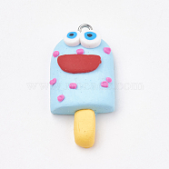 Handmade Polymer Clay Pendants, with Iron Findings, Ice Cream with Smile, Platinum, Sky Blue, 34~35x16~17x8~9mm, Hole: 2mm(CLAY-T012-23B)