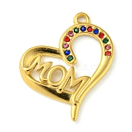 Ion Plating(IP) Real 18K Gold Plated 304 Stainless Steel Rhinestone Pendants, Heart with Word Mom Charms, for Mother's Day, Colorful, 26x22x2mm, Hole: 1.5mm(STAS-P341-11G-02)