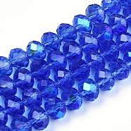 Electroplate Glass Beads Strands, Half Rainbow Plated, Faceted, Rondelle, Medium Blue, 8x6mm, Hole: 1mm, about 65~68pcs/strand, 15.7~16.1 inch(40~41cm)(EGLA-A034-T8mm-L26)