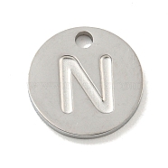 Non-Tarnish 304 Stainless Steel Pendants, Laser Cut, Flat Round with Letter Charm, Stainless Steel Color, Letter N, 10x1mm, Hole: 1.4mm(FIND-M017-02P-N)