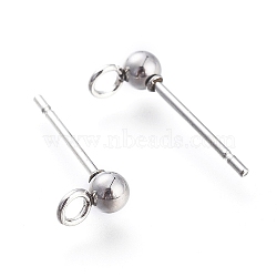 202 Stainless Steel Stud Earring Findings, with 304 Stainless Steel Pins and Loop, Stainless Steel Color, 16.5~17x9mm, Hole: 2mm, Ball: 6mm, Pin: 0.7mm(STAS-I324-01P-6mm)