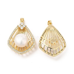 Brass Micro Pave Cubic Zirconia Pendants, with Pearl, Kite Charm, Real 14K Gold Plated, 28.5x20x9.5mm, Hole: 3x9mm(KK-I697-15G)