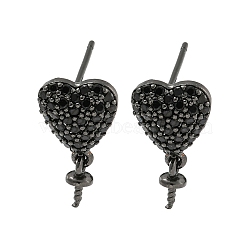 Rack Plating Brass Micro Pave Black Cubic Zirconia Stud Earring Finding, Cadmium Free & Lead Free, Long-Lasting Plated, Heart, Black, 10x9mm, Pin: 11x1mm(EJEW-C102-05EB-01A)