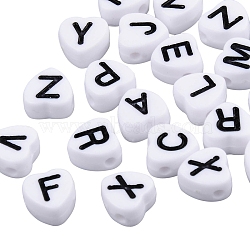 White Opaque Acrylic Enamel Beads, Heart with Mixed Black Letters, 7x7x4mm, Hole: 1.5mm, about 1200pcs/200g(MACR-SZ0001-28)