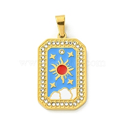 Ion Plating(IP) 304 Stainless Steel Pendants, with Enamel and Rhinestone, Rectangle with Tarot Charm, Real 18K Gold Plated, Dodger Blue, 32x19.5x2mm, Hole: 6.5x4mm(STAS-C101-08G-05)