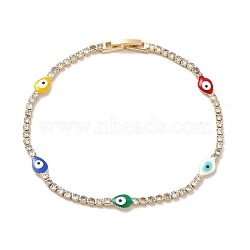 Clear Cubic Zirconia Tennis Bracelet with Enamel Teardrop Evil Eye, Rack Plating Iron Link Chains Bracelet for Women, Golden, Colorful, 8 inch(20.2cm)(BJEW-I300-04G)