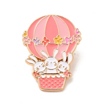 Rabbit Theme Enamel Brooch, Light Gold Alloy Badge for 2023 Year Chinese Style Gift, Hot Air Balloon Pattern, 32.6x24.5x1.7mm