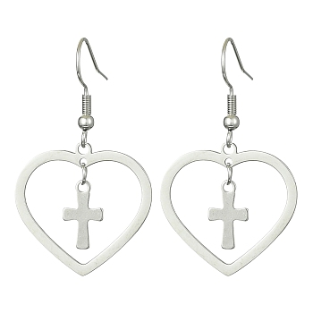 201 Stainless Steel Heart & 304 Stainless Steel Cross Dangle Earrings, Stainless Steel Color, 40x24mm