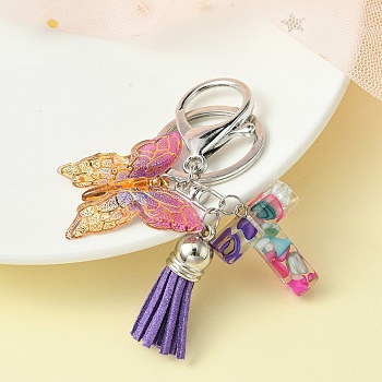 Resin Letter & Acrylic Butterfly Charms Keychain, Tassel Pendant Keychain with Alloy Keychain Clasp, Letter T, 9cm