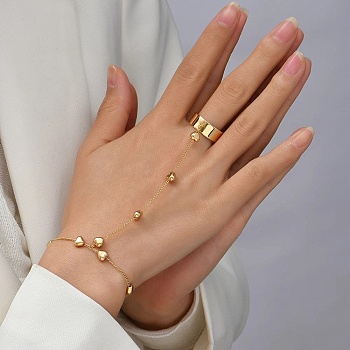 Iron Ring Bracelets, Heart Link Chain Bracelet with Plain Cuff Ring, Golden, 6-5/8 inch(16.9cm), Inner Diameter: 18mm