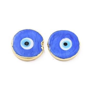Rack Plating Handmade Evil Eye Lampwork Beads, with Brass Findings, Long-Lasting Plated, Flat Round, Royal Blue, 17.5~18x4.5~5mm, Hole: 1~1.2mm