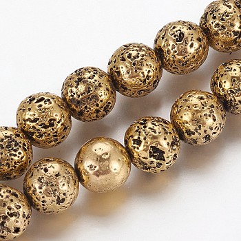 Electroplated Natural Lava Rock Beads Strands, Long-Lasting Plated, Round, Antique Bronze Plated, 10.5~11mm, Hole: 1.2mm, about 38pcs/strand, 15.23 inch(38.7cm)