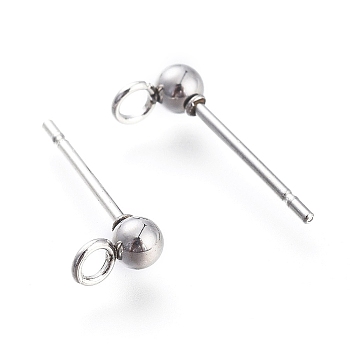 202 Stainless Steel Stud Earring Findings, with 304 Stainless Steel Pins and Loop, Stainless Steel Color, 16.5~17x9mm, Hole: 2mm, Ball: 6mm, Pin: 0.7mm