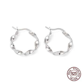 Rhodium Plated 925 Sterling Silver Hoop Earrings, Twist Round Ring, Real Platinum Plated, 23.5x20.5x3mm