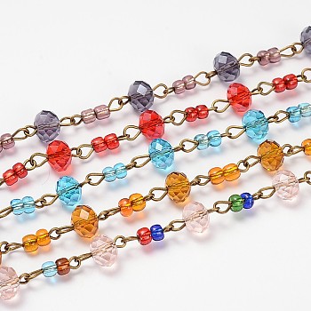 Glass Rondelle Beads Chains for Necklaces Bracelets Making, with Glass Seed Beads and Antique Bronze Iron Eye Pin, Unwelded, Mixed Color, 39.3 inch