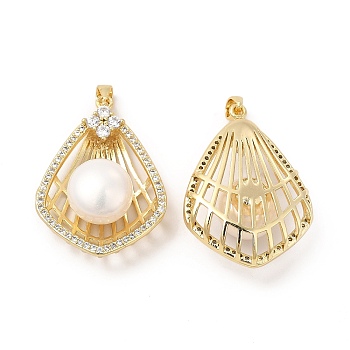 Brass Micro Pave Cubic Zirconia Pendants, with Pearl, Kite Charm, Real 14K Gold Plated, 28.5x20x9.5mm, Hole: 3x9mm