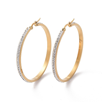 304 Stainless Steel Hoop Earrings, with Polymer Clay and Rhinestone, Ring, Golden, Crystal, 51x49x3.5mm
